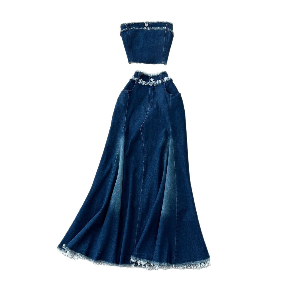 American hot girl outfit: sexy frayed sleeveless bandeau top with high-waisted fishtail denim skirt two-piece set
