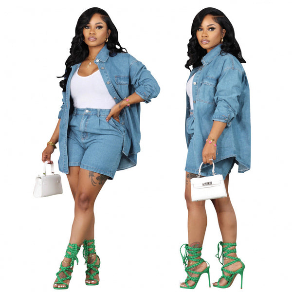 AL250  supply  European and American women's clothing denim suit jacket two-piece set denim shorts autumn