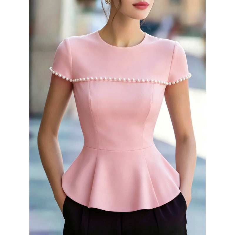 european and american style women's summer new arrival: round neck beaded short sleeve top