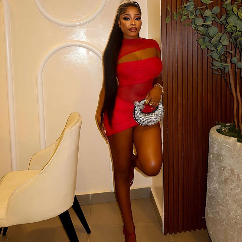 European and american style cross-border solid color women's cutout niche design new bodycon mini dress fashion high neck sleeveless short tight dress