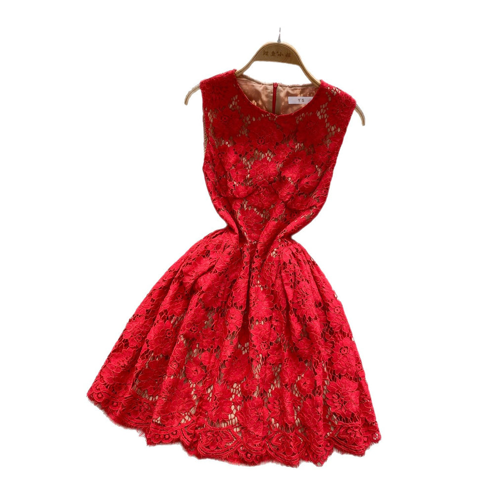 Luxury style sleeveless dress for women - summer mesh lace, cinched waist design, mature & chic, queen bee mini dress