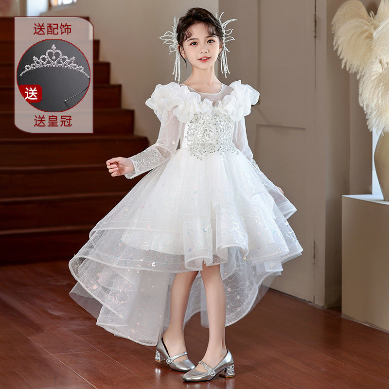 Girls' formal dresses with train, new  princess style, mesh, chic flower girl wedding dress, swallowtail skirt, wholesale ready stock, spring/autumn collection
