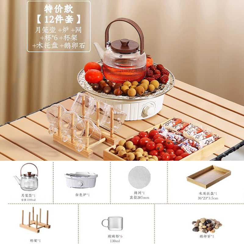 Electric ceramic stove tea set - complete tea brewing kit for home use: includes glass teapot, electric oven, tea cups, fruit plate, and tea accessories