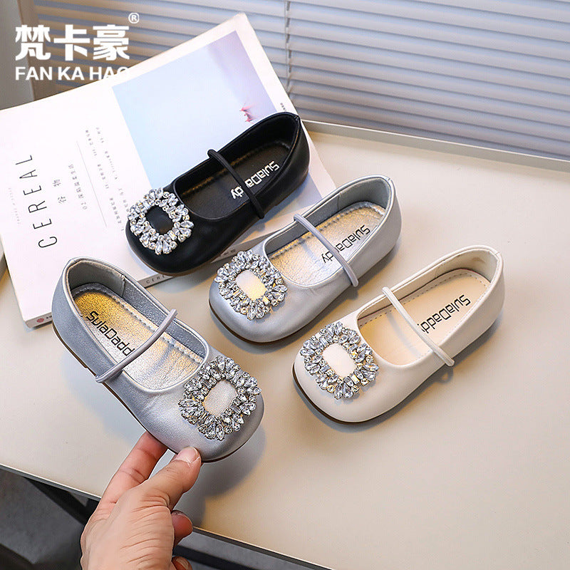 Girls' leather shoes - new spring collection: stylish square-toe ballet flats with rhinestone detail, slip-on design, and non-slip sole