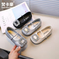 Girls' leather shoes - new spring collection: stylish square-toe ballet flats with rhinestone detail, slip-on design, and non-slip sole