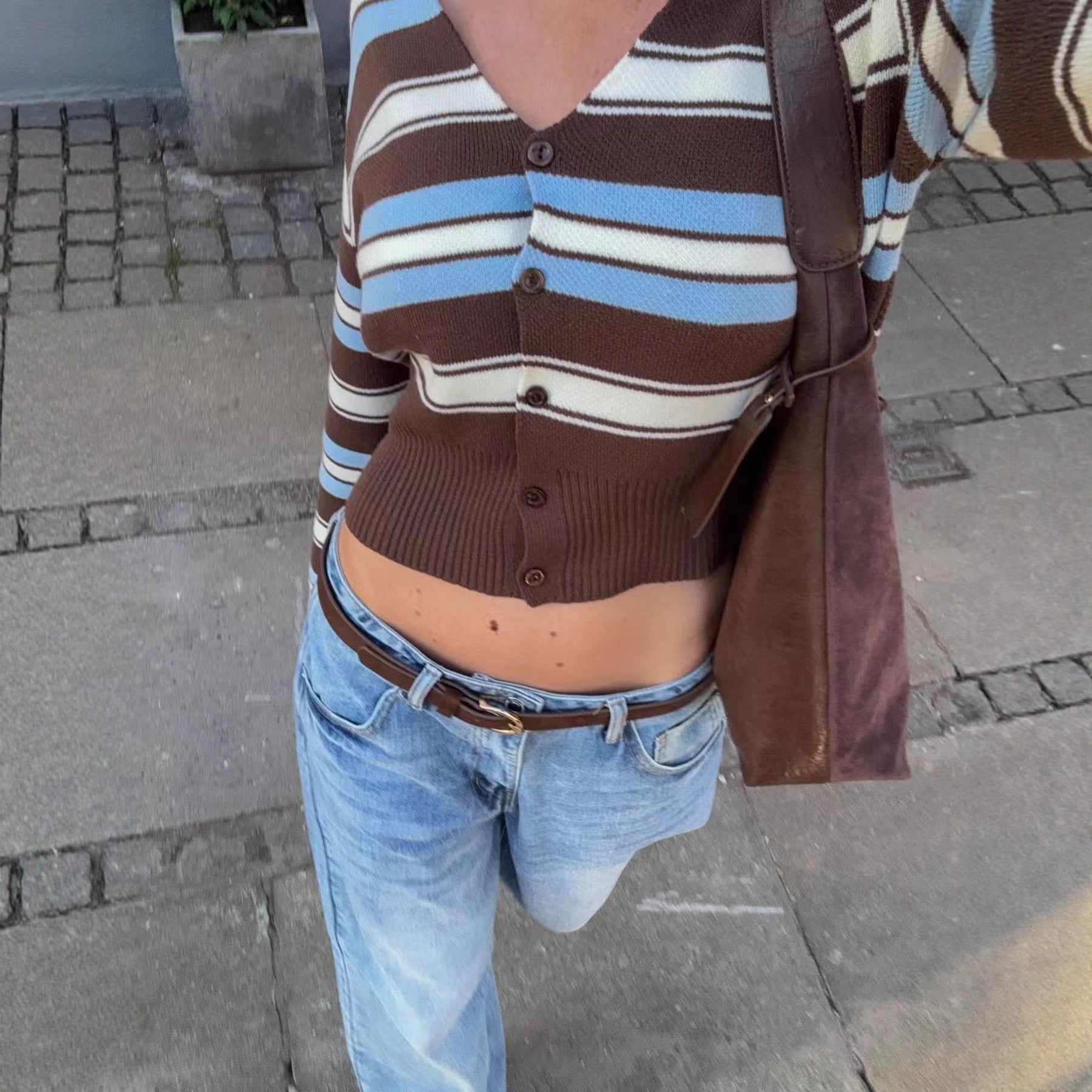 Europe, America,   25 years hot sale Spice Girl V-neck contrasting stripes single-breasted long-sleeved knitted cardigan jacket