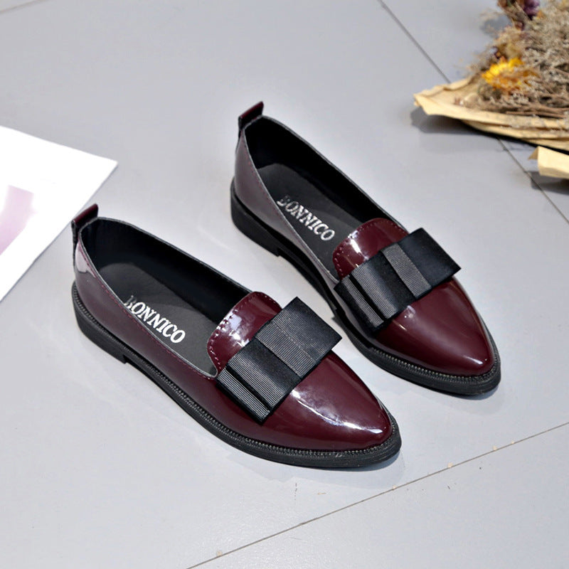 British patent leather small leather shoes women's spring 2024 shallow mouth flat bottom pointed single shoes black bow low heel work shoes