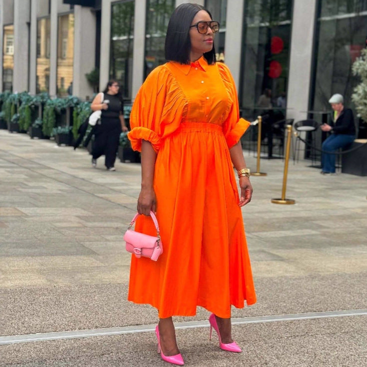 European and American large size lapel solid color long cardigan dress women's African loose foreign style fashion new long skirt tide