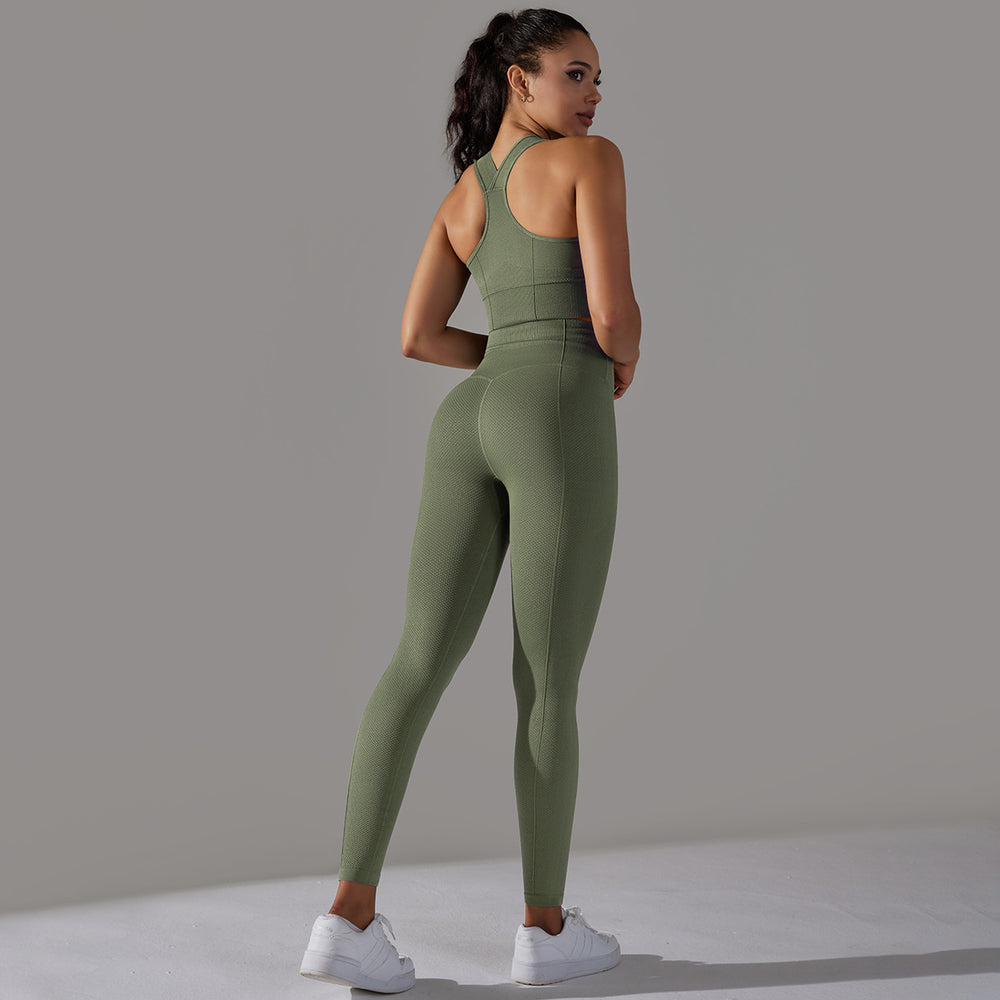 fashion seamless knittingpure color polka dot high elastic tight breathable yoga suit running fitness two-piece set