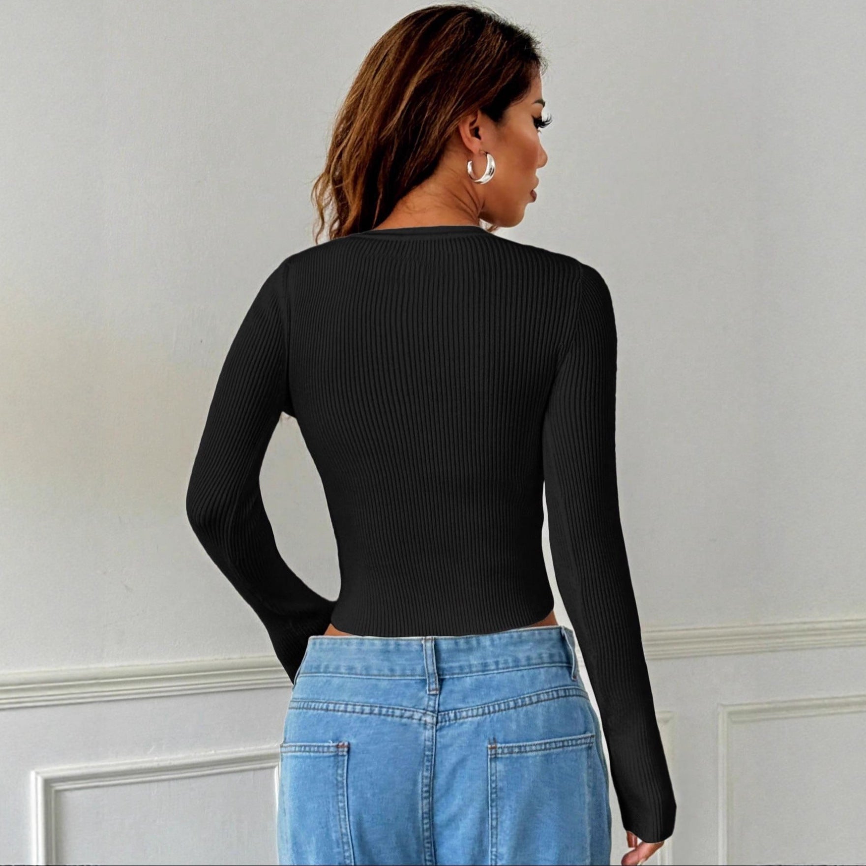 European and American   spring and autumn new horn long-sleeved knitted cardigan shirt versatile elastic slim-fitting top