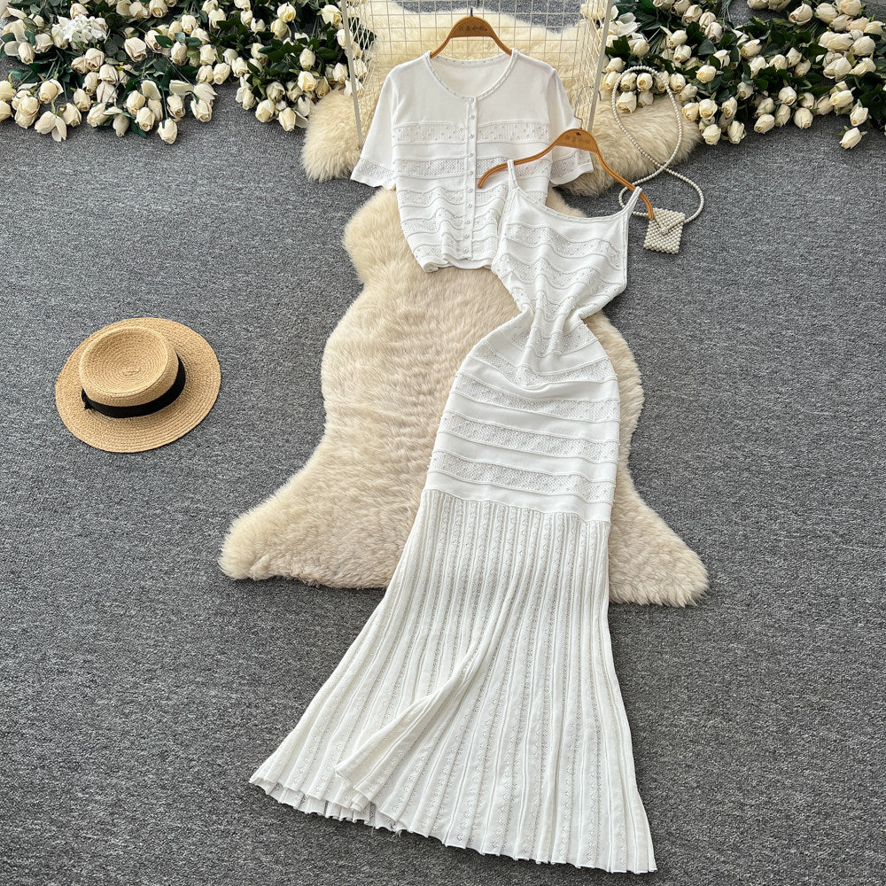 Gentle wind pink knitting light mature style two-piece set female summer silm waist fishtail skirt suit women's clothing outfit