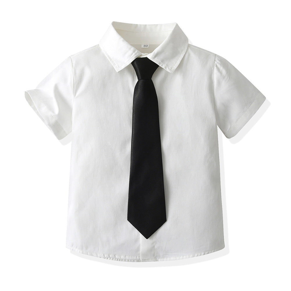 Boys' cotton shirt - korean style, new spring/summer trendy design with tie, baby white, stylish preppy school style boys' shirt