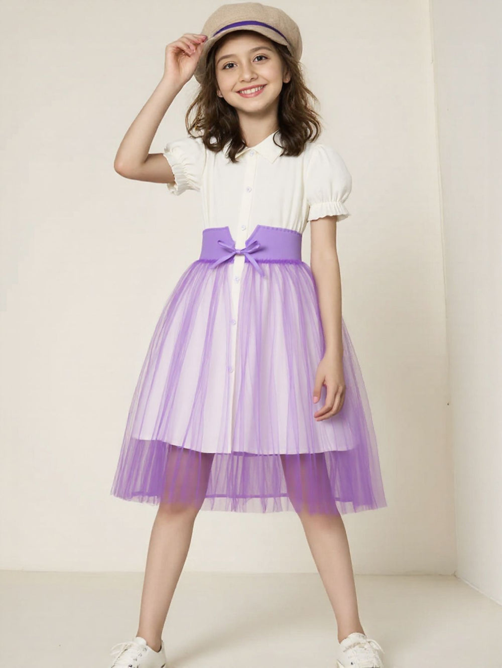 Girls' (tall) solid color short-sleeve polo collar dress with waist tie and mesh panel detail