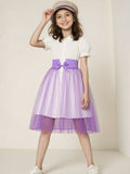Girls' (tall) solid color short-sleeve polo collar dress with waist tie and mesh panel detail