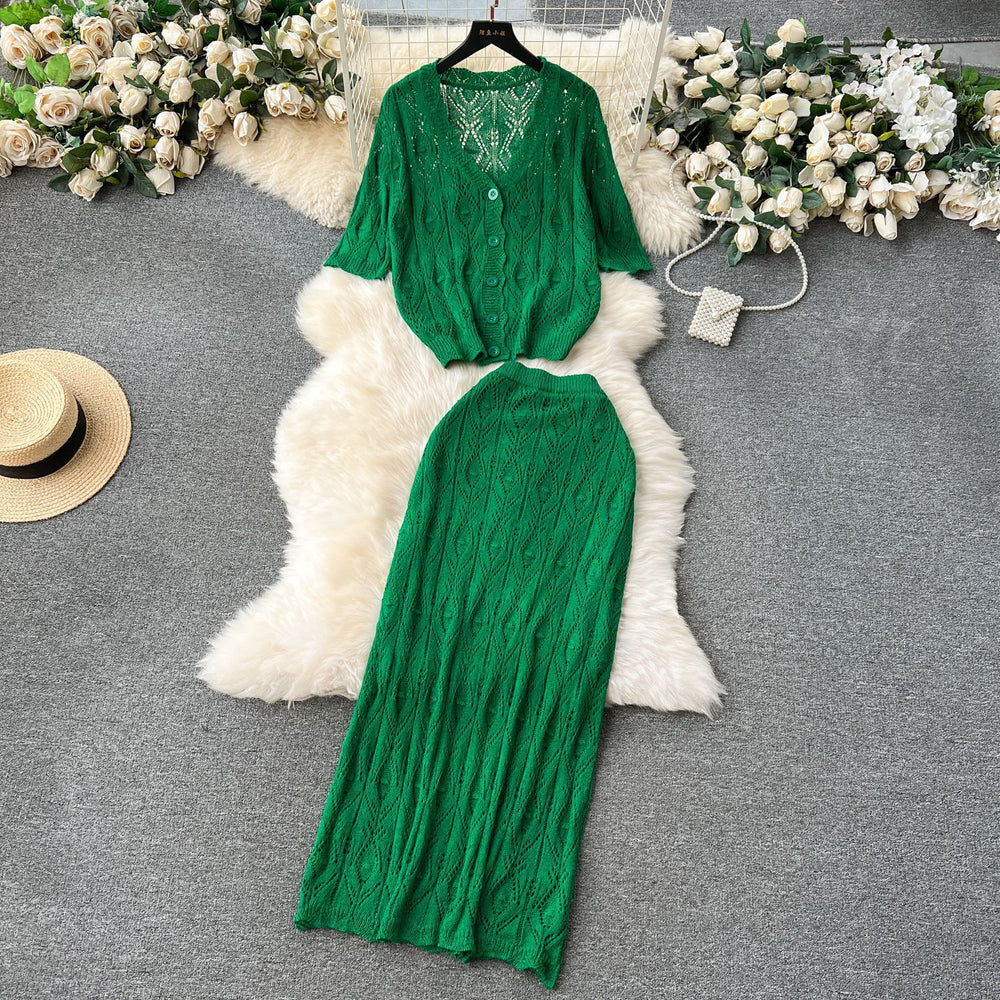 Korean style minimalist effortless outfit: knitted cardigan & high-waisted midi skirt set - trendy two-piece fashion