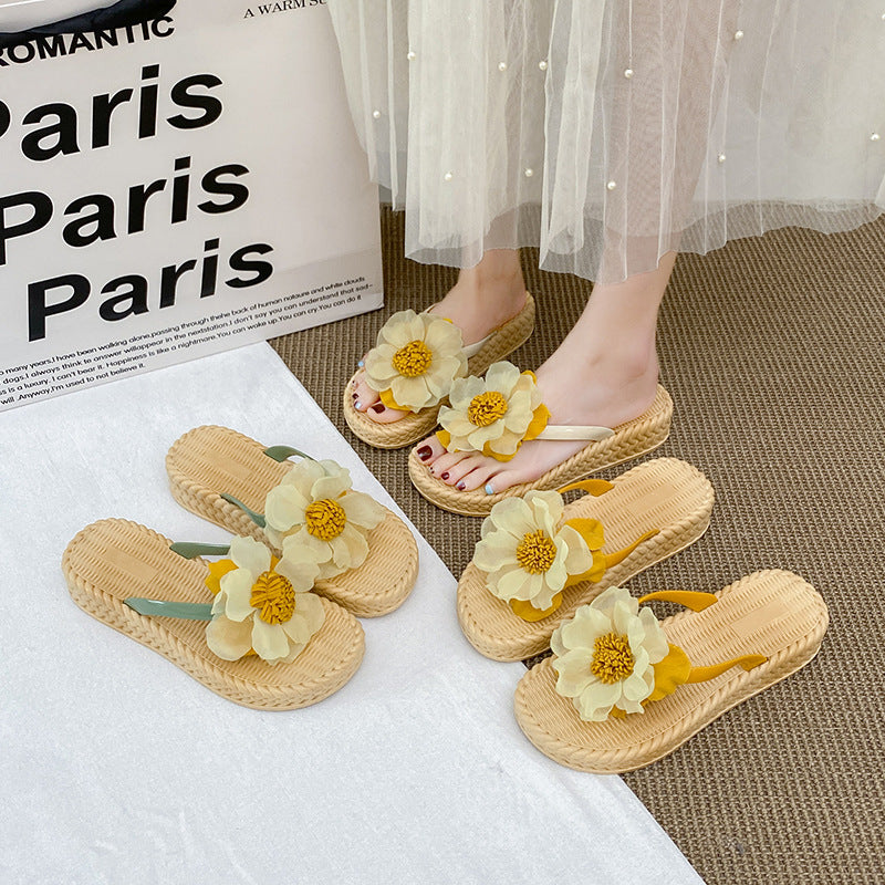 Sweet style chunky platform 4cm sunflower slides - women's summer beach sandals, anti-slip fashion slippers, soft sole shoes for students