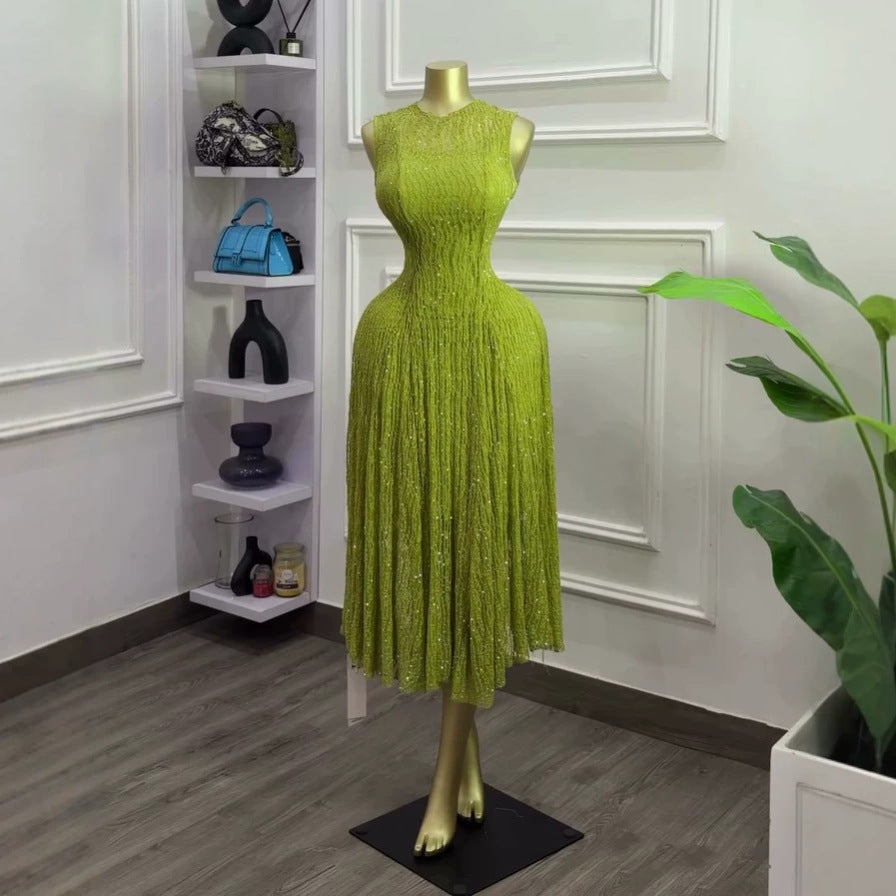 European and american cross-border women's fashion:  summer new arrival - elegant round neck, slim-fit, pleated sleeveless midi dress