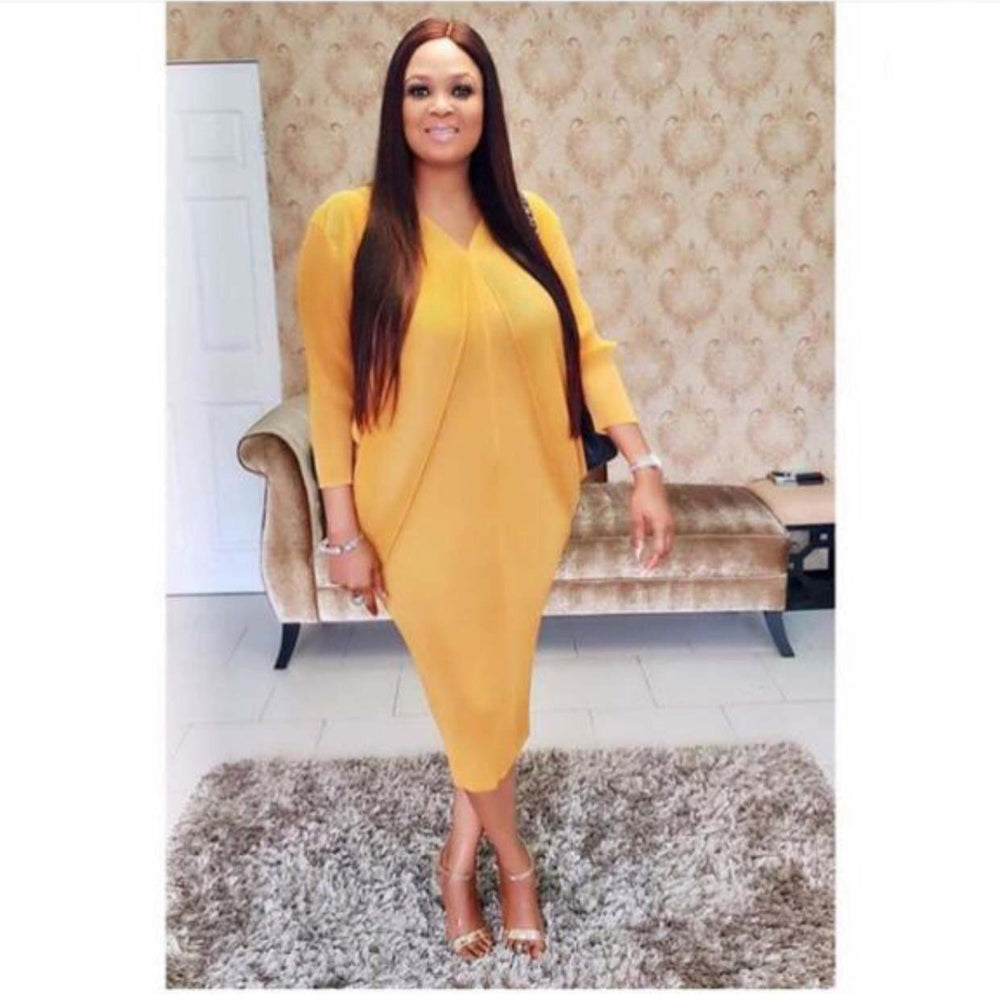 supply, fully pleated, long-sleeved, v-neck, midi-length, elegant and sophisticated solid color dress. hot-selling in europe and america, special offer for africa