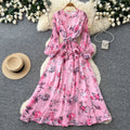 French chic floral slim-fit printed dress - women's summer tie-waist a-line maxi dress - vacation style, slimming design