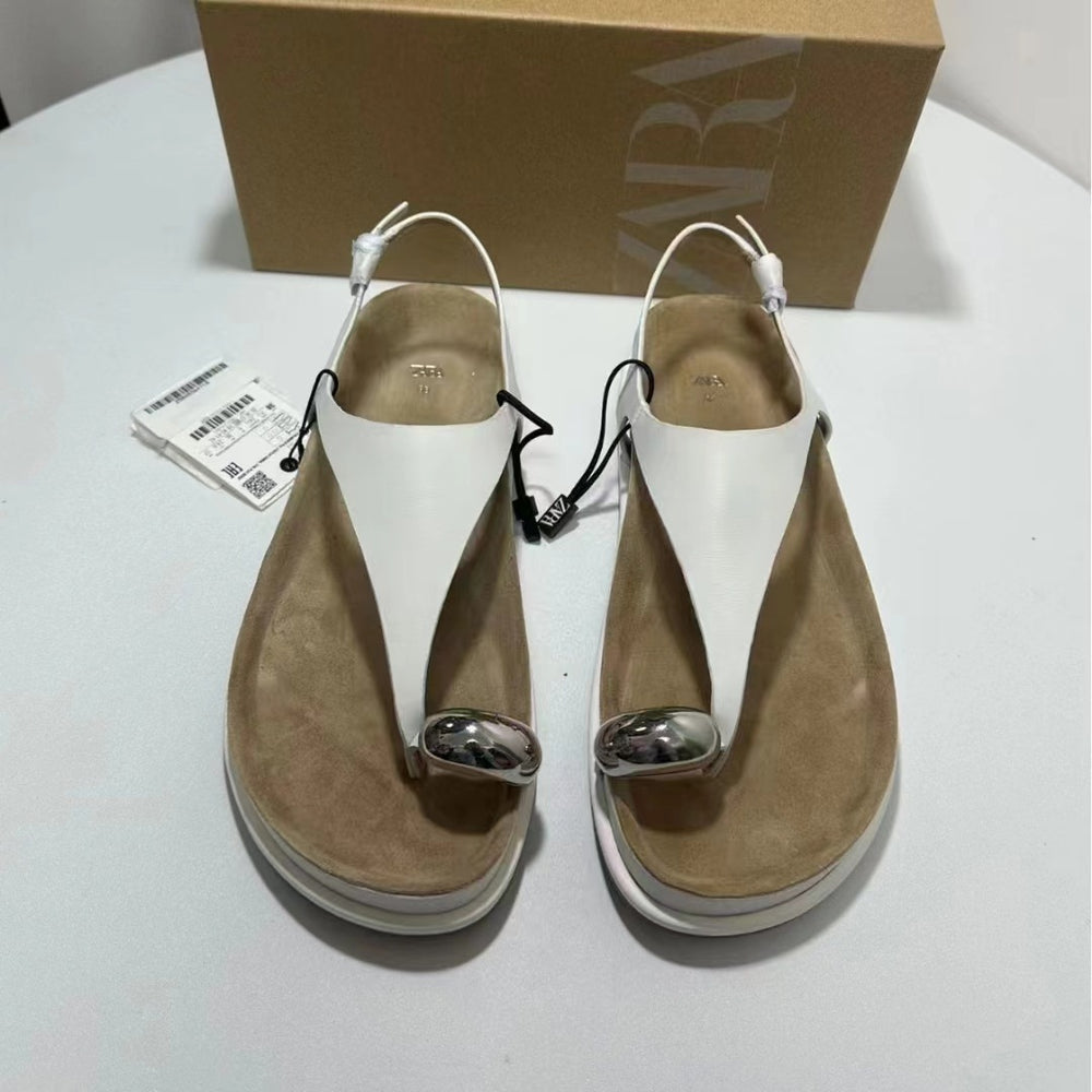 Za new 2024 european and american thick-soled round-toe structured sole angled metal buckle embellished versatile casual sandals for women