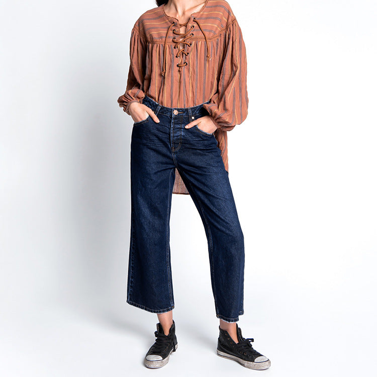 high-quality women's jeans, european and american style, commuter fashion, dark wash, high-waisted, loose wide-leg, slightly flared pants