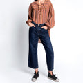 high-quality women's jeans, european and american style, commuter fashion, dark wash, high-waisted, loose wide-leg, slightly flared pants