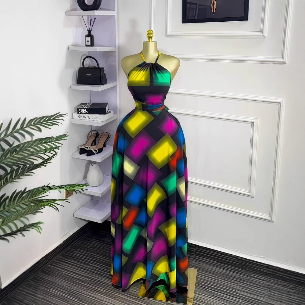 European and american cross-border women's fashion  summer new sleeveless halter color block cinched waist tie-up long elegant dress