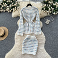 Xiaoxiangfengfashionablesuitfemaleautumclassycontrast color round neck waist long sleeves knitting shirt hip covering short skirt