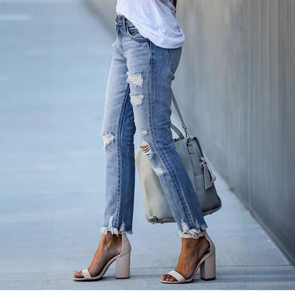 Ebay european and american cross-border  new arrival raw edge ripped silmslimming lookjeansstraight-leg nine-point pants  women