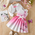 Girls' export dress set: pink gradient tank dress with butterfly print, long-sleeved outerwear, two-piece kids' outfit