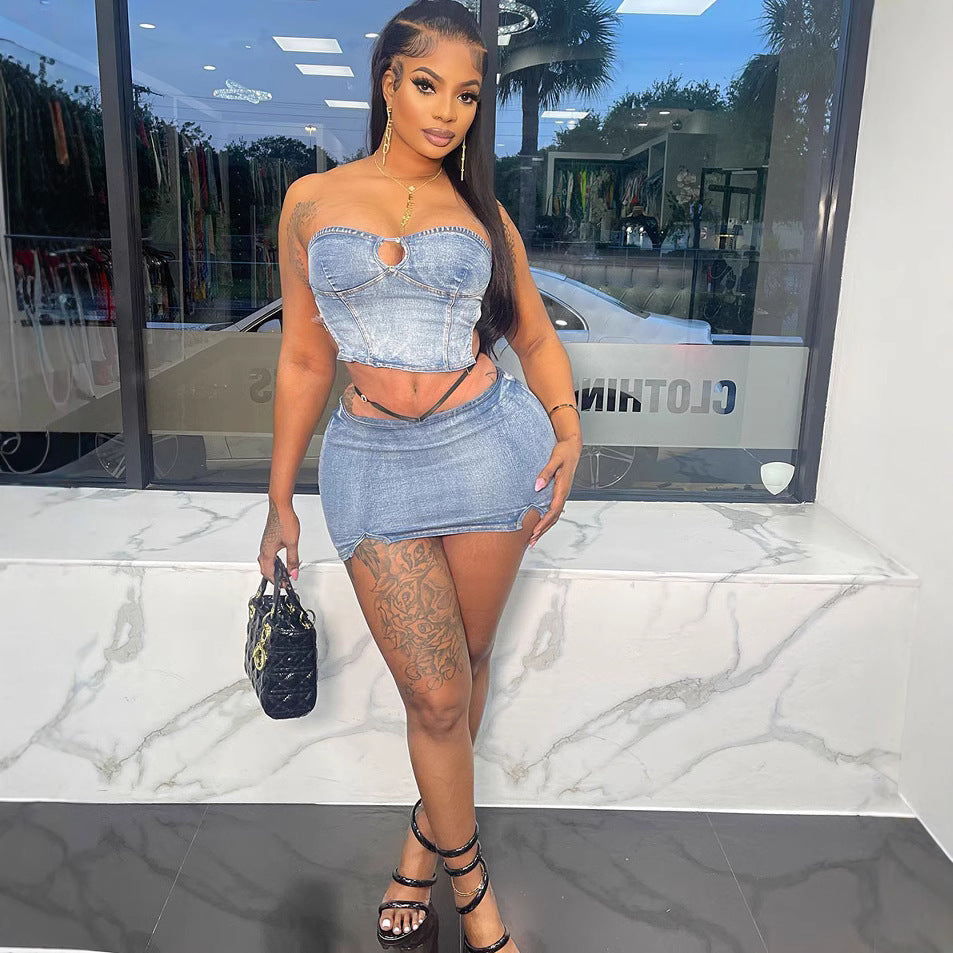 European and american style women's denim skirt set -  cross-border fashion - sexy bandeau denim top with slit mini skirt