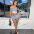European and american style women's denim skirt set -  cross-border fashion - sexy bandeau denim top with slit mini skirt