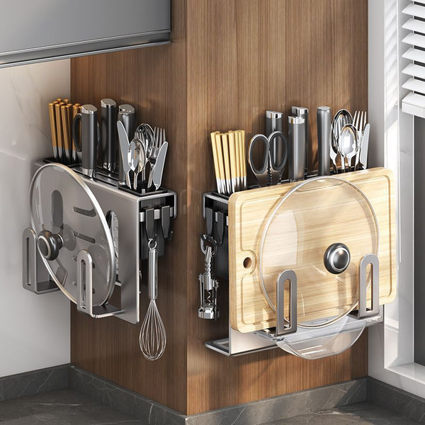 Kitchen rack No punching Household wall-mounted knife holder Storage artifact Kitchen knife Cutting board Chopsticks knife Pot lid holder
