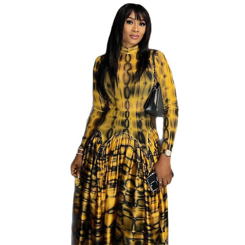 European and american style ins cross-border retro elegant women's clothing pleated large swing a-line skirt high collar long sleeves printed waist dress