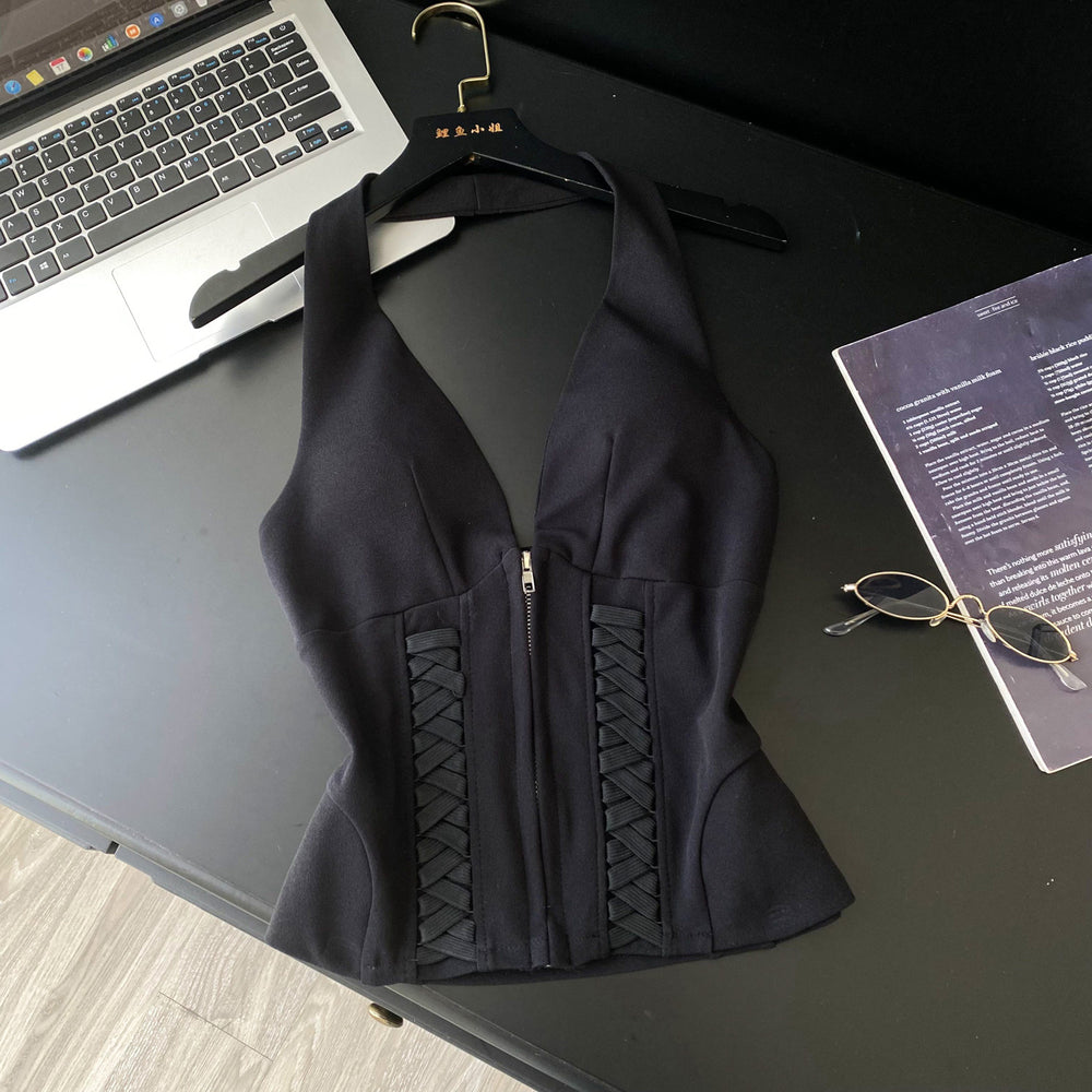 Fashion ins wear women's vest socialite niche accessible luxurysexyv neck halter strap silm backless short tops