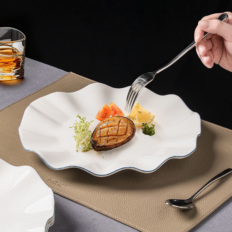 Minimalist & high-end ceramic irregular dessert & pastry plate - unique ruffled edge ceramic steak plate - shallow dinnerware