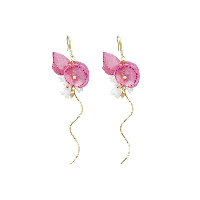 Pink tulle flower tassel earrings - women's french riviera style long earrings - unique design statement earrings