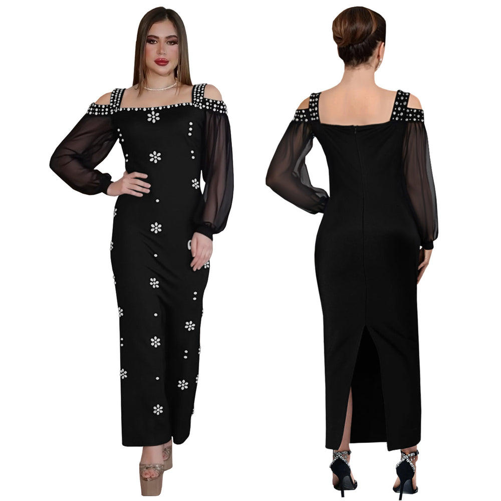 C7415 cross-border   fashion women's elegant rhinestone square neck mesh bodycon dress