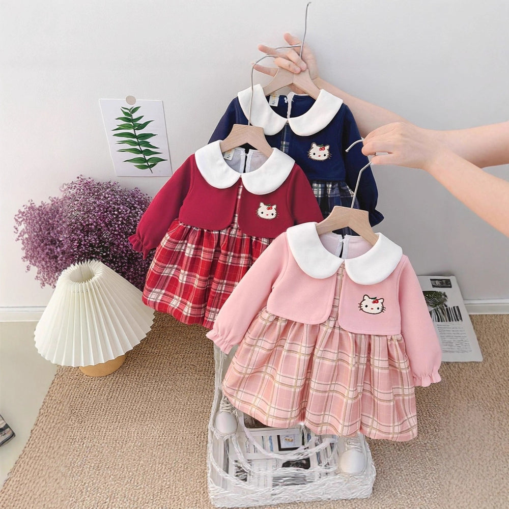 【dropshipping】baby girl dress  new stylish children's princess dress plaid kitten pattern princess dress