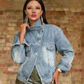 new european and american cross-border  direct sales streetwear motorcycle wind washed stand collar vintage denim jacket