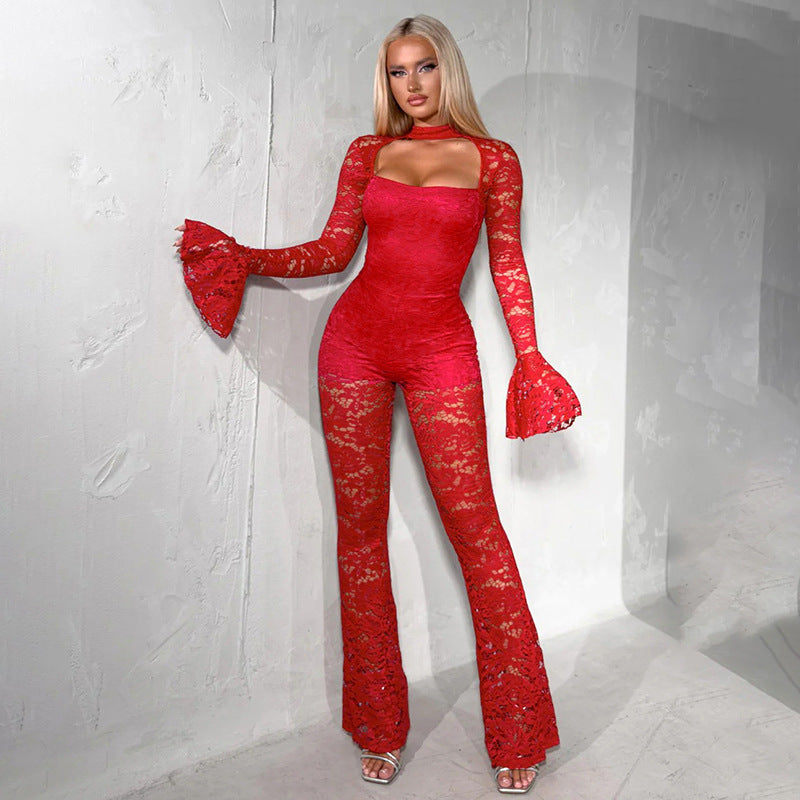 European and american cross-border  fall/winter new fashion sexy hollow-out flare sleeve lace jumpsuit pants wholesale for export