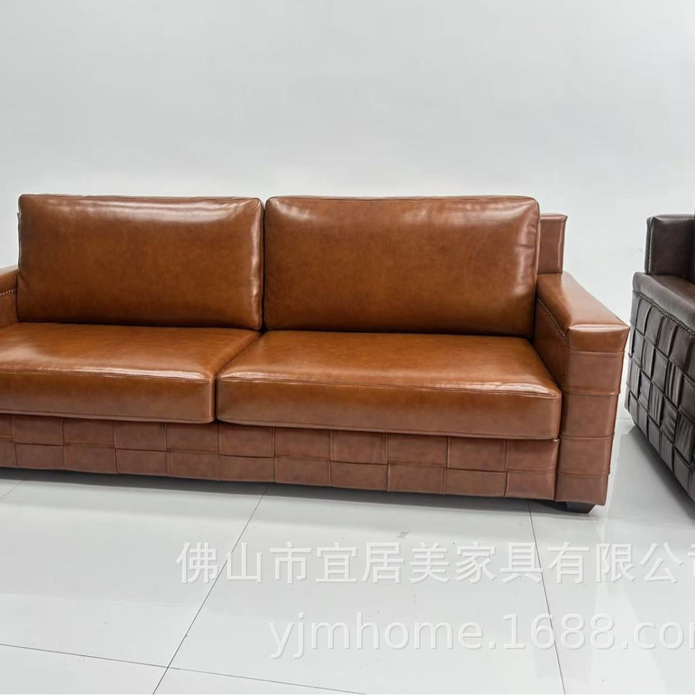 Vintage-style oiled leather checkered sofa, retro leather art sofa, designer living room straight three-seater sofa