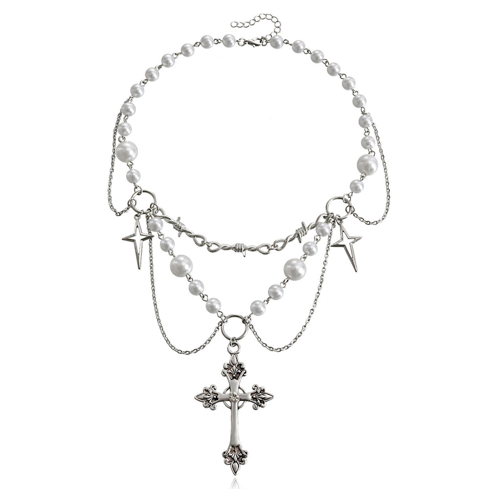 Pearl sweater chain wholesale european and american cross-border cross necklace punk multi-layered wearing light luxury niche clavicle chain for women