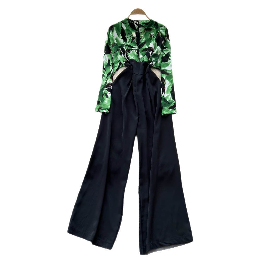 Autumn wear light mature style royal sister style classy sense v necklong sleevesprintingpatchworkhigh waistslimming lookcasualloose pants jumpsuit