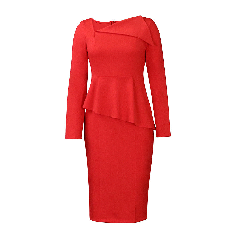 D314 european and american plus size women's clothing  autumn new fashion asymmetrical neck elegant long sleeve african export dress