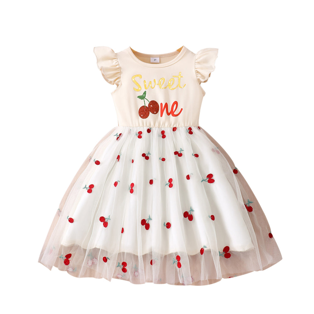 Kids' flutter sleeve strawberry mesh dress