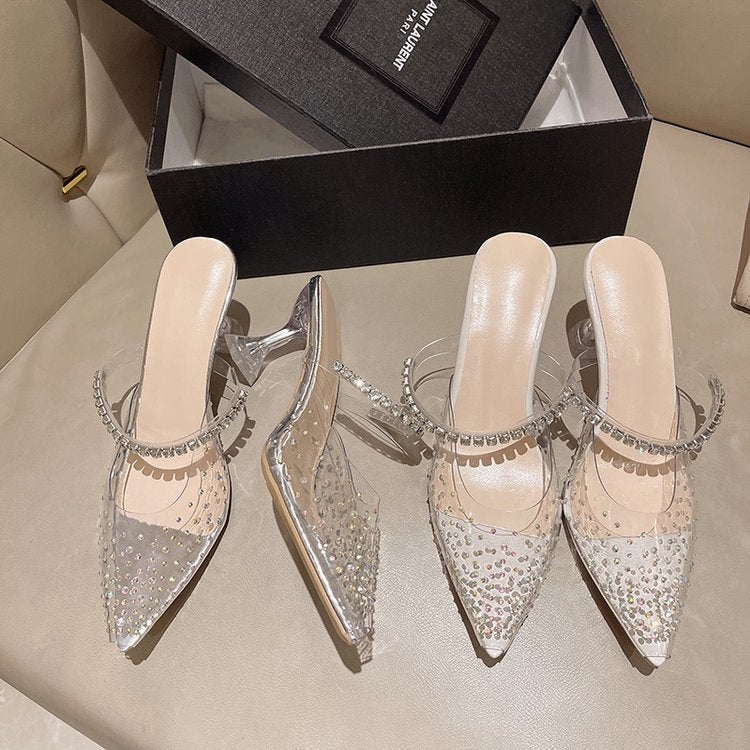 2023 summer fashion outer wear pointed rhinestone square buckle high heels fairy fairy wind transparent word with stiletto slippers