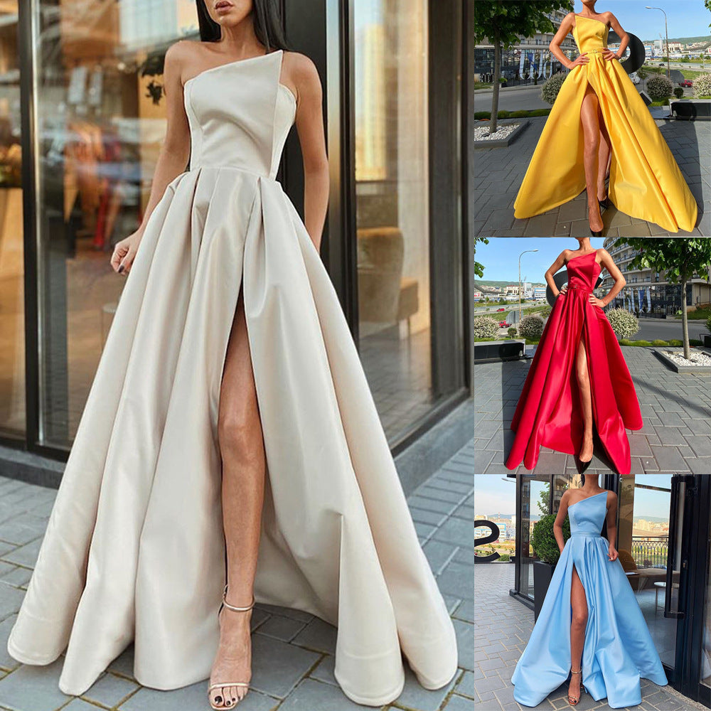 spring/summer new arrivals: cross-border  fashion - european & american style women's one-shoulder bandeau sexy slit maxi dress