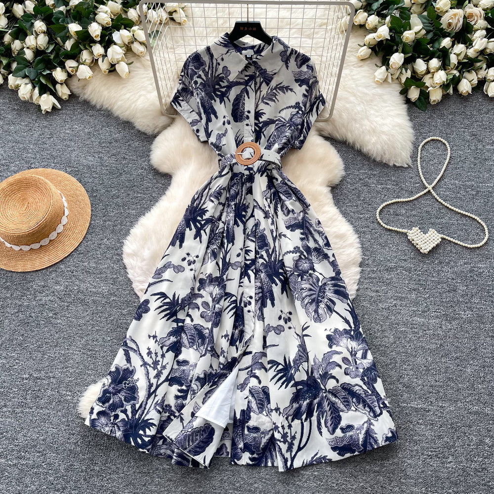 French chic vintage print collared dress - women's summer slimming, figure-flattering, high-waisted, elegant maxi dress