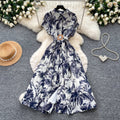 French chic vintage print collared dress - women's summer slimming, figure-flattering, high-waisted, elegant maxi dress